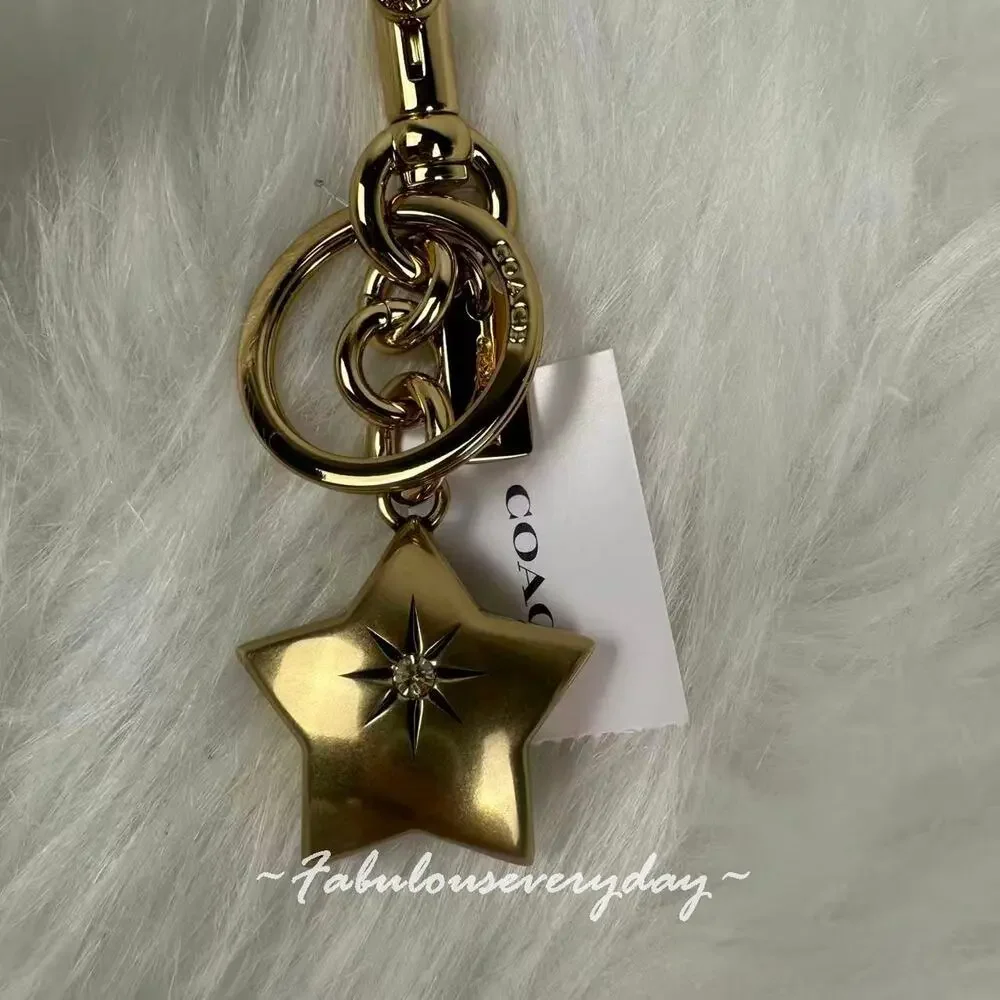 COACH Mini Star Bag Charm Key Ring FOB Gold Detachable CEF93 NWT